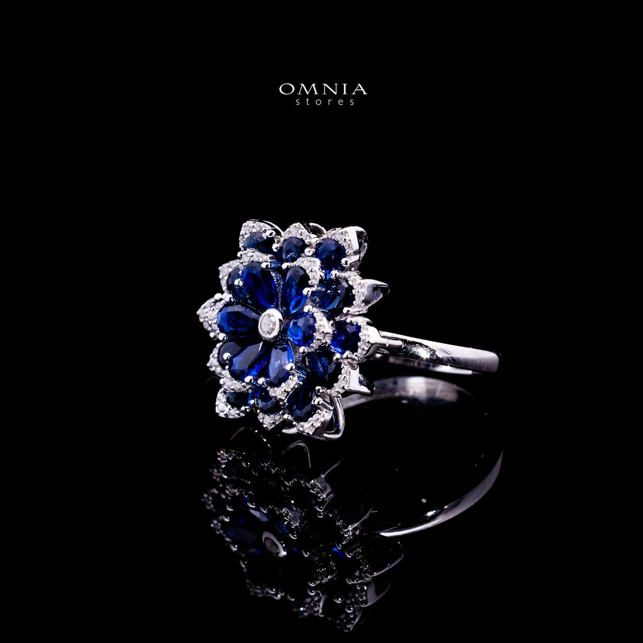 Omnia Damiyah Royal Blue Floral Silver Ring in 925 Silver with High Quality Simulated Diamonds - OMNIASTORES UAE