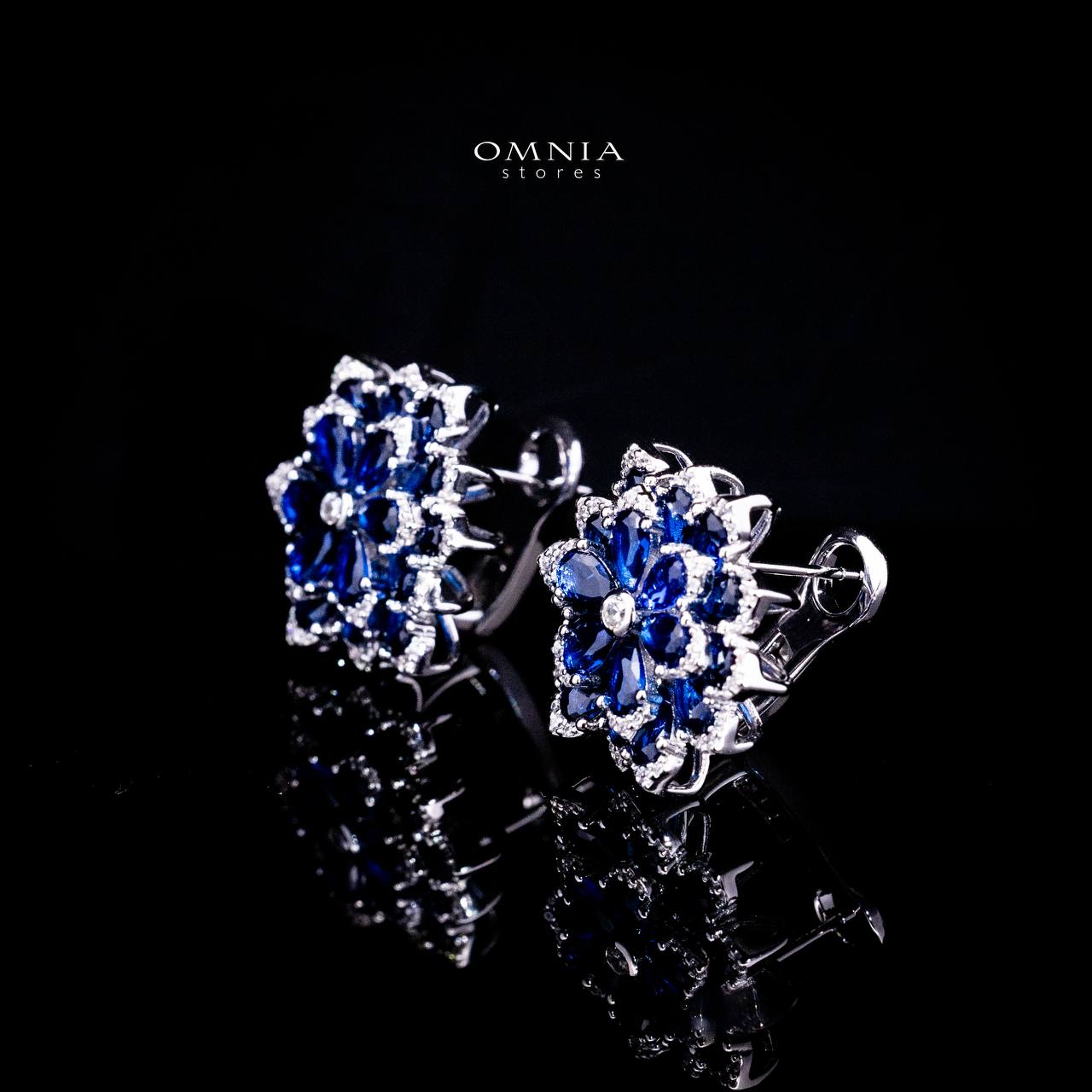 Omnia Damiyah Royal Blue Floral Silver Clip Earrings in 925 Silver with High Quality Simulated Diamonds - OMNIASTORES UAE