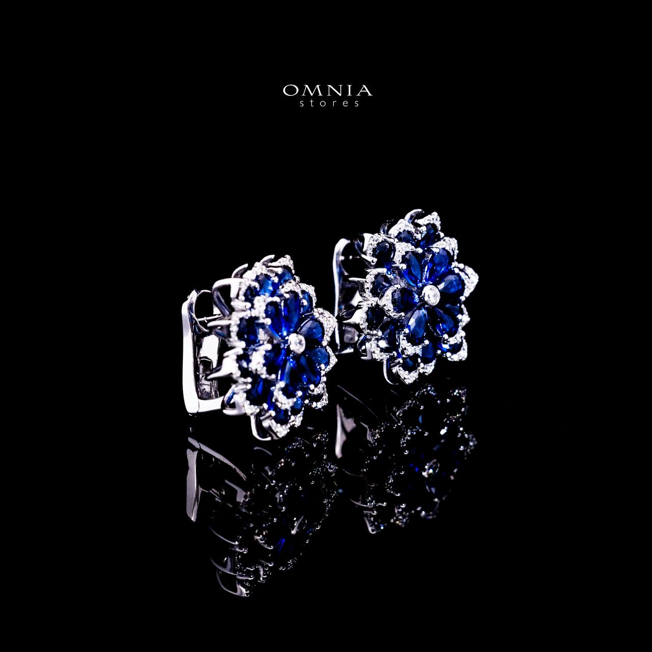 Omnia Damiyah Royal Blue Floral Silver Clip Earrings in 925 Silver with High Quality Simulated Diamonds - OMNIASTORES UAE