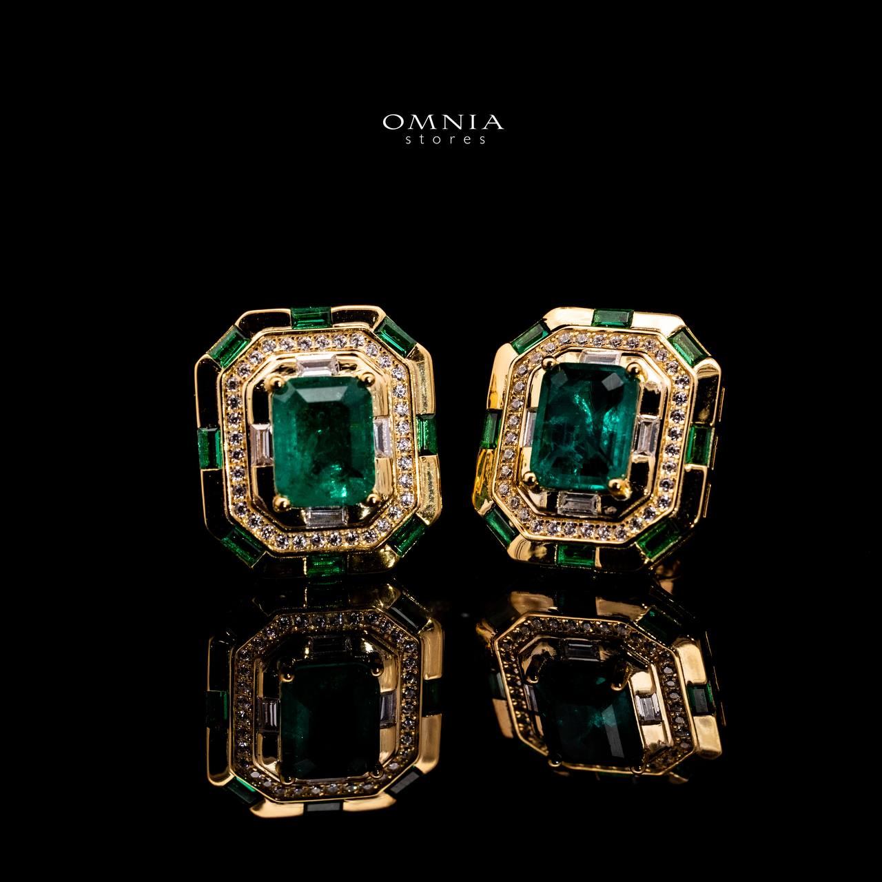 Omnia Zyra Emerald Green Golden Stud Earrings in 925 Silver with High Quality Simulated Diamonds - OMNIASTORES UAE