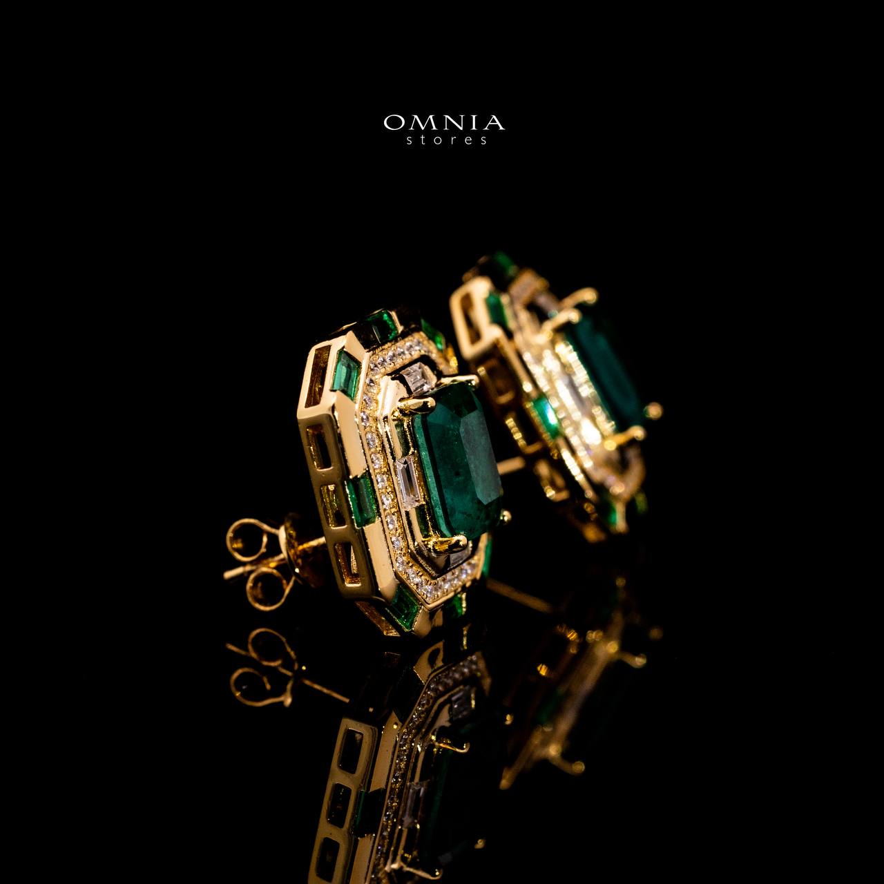 Omnia Zyra Emerald Green Golden Stud Earrings in 925 Silver with High Quality Simulated Diamonds - OMNIASTORES UAE