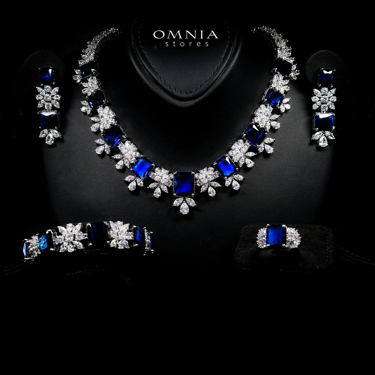 Omnia Charlotte Blue Luxry Bridal Full Set with Emerald and Pear-Cut High-Quality Simulated Diamonds Rhodium Plated - OMNIASTORES UAE