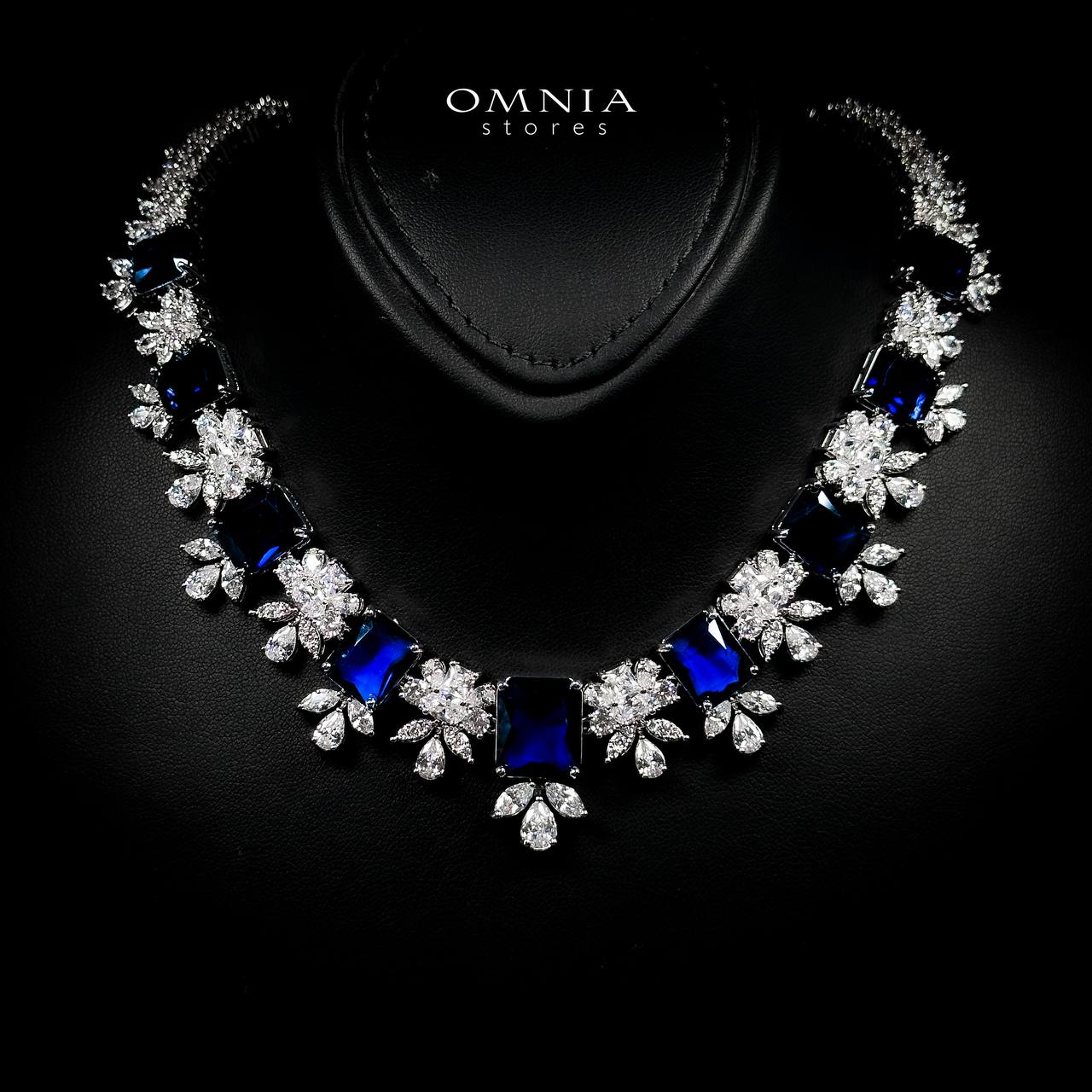 Omnia Charlotte Blue Luxry Bridal Full Set with Emerald and Pear-Cut High-Quality Simulated Diamonds Rhodium Plated - OMNIASTORES UAE