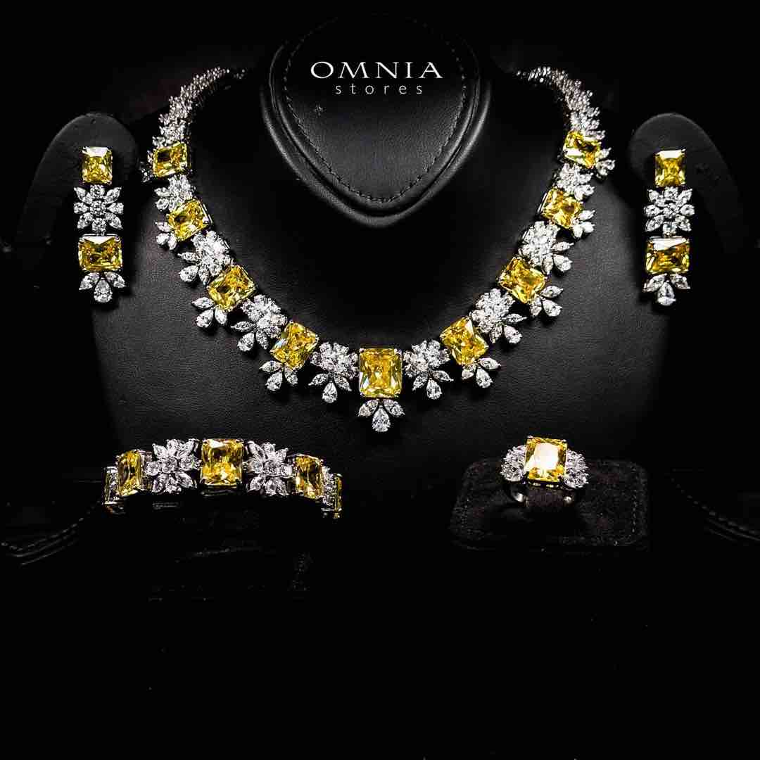 Omnia Charlotte Yellow Luxry Bridal Full Set with Emerald and Pear-Cut High-Quality Simulated Diamonds Rhodium Plated - OMNIASTORES UAE