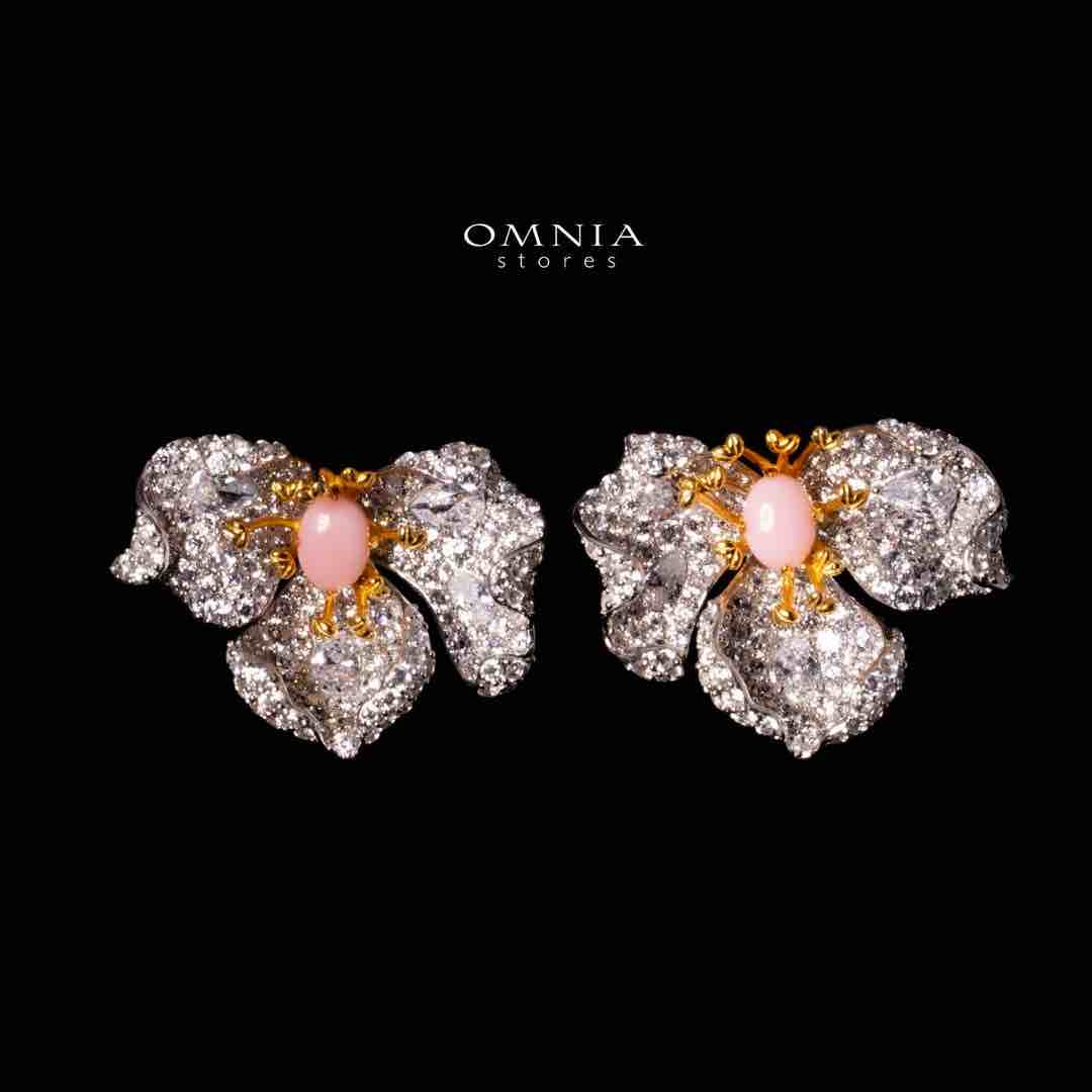 Omnia Fiora Pink Coral Flower Silver Clip Earrings in 925 Silver High Quality White Simulated Diamond Stones - OMNIASTORES UAE