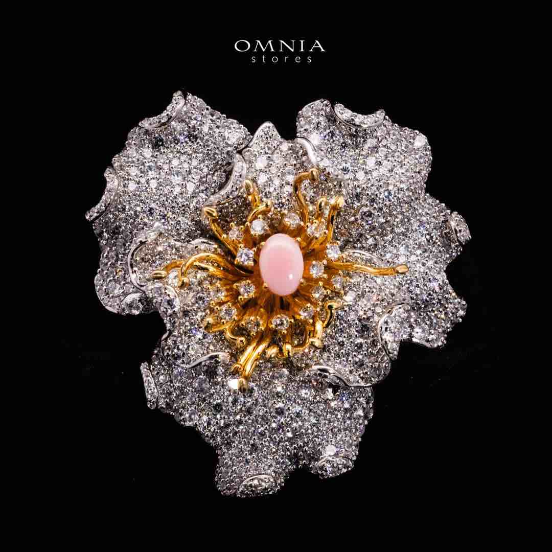 Omnia Fiora Pink Coral Flower Silver Brooch in 925 Silver High Quality White Simulated Diamond Stones - OMNIASTORES UAE
