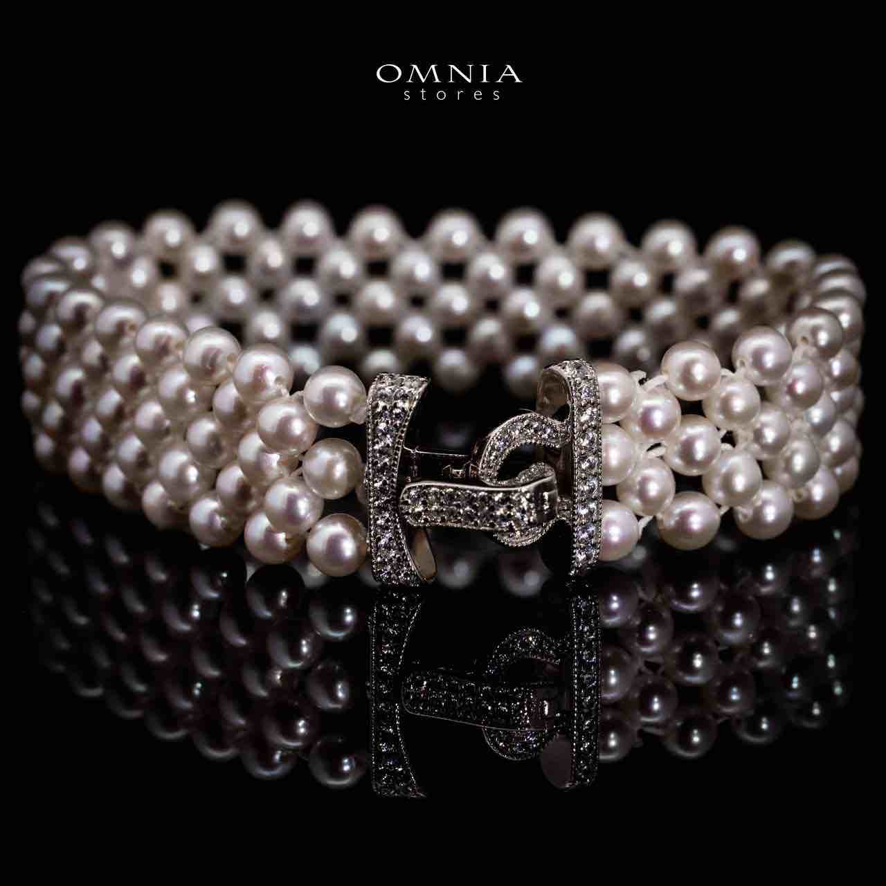 Omnia Alice Fresh Water Pearl Necklace and Bracelet Set with 925 Silver High Quality Simulated Diamonds Stones