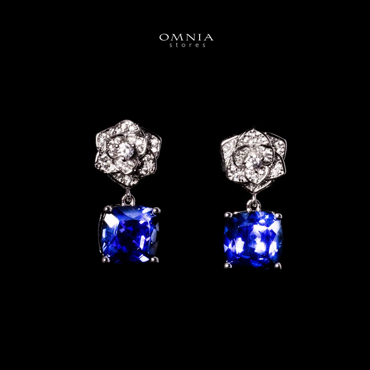 Omnia Khansa Silver Rose Design Drop Earrings in 925 Silver With High Quality GRC Certified Blue Sapphite Lab Grown Stones