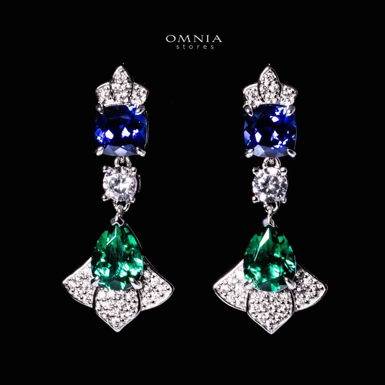 Omnia Nadya Silver Drop Earrings in 925 Silver With High Quality GRC Certified Saphhite Blue & Emerald Green Lab Grown Stones