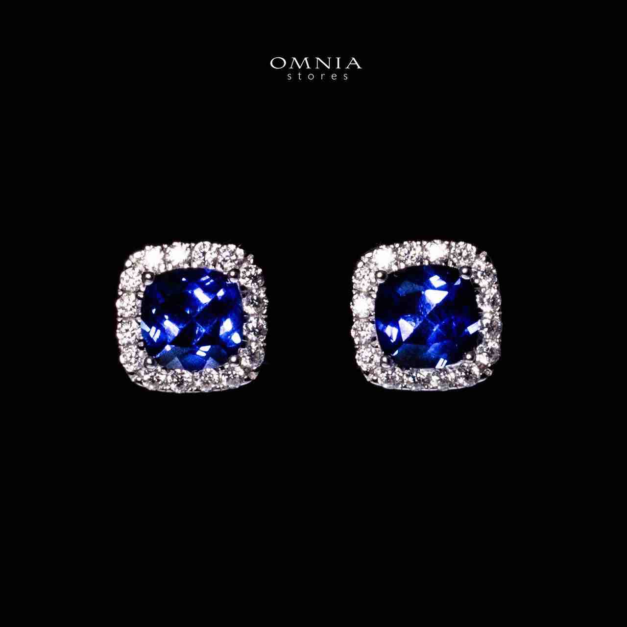 Omnia Dareema Silver Square Stud Earrings 925 Silver in GRC Certifited High Quality Sapphire Blue Lab Grown Stones