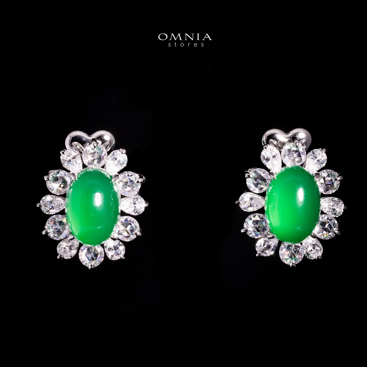 Omnia Dina White and Green Floral Stud Earrings In 925 Silver With High Quality Lab Crafted Stones