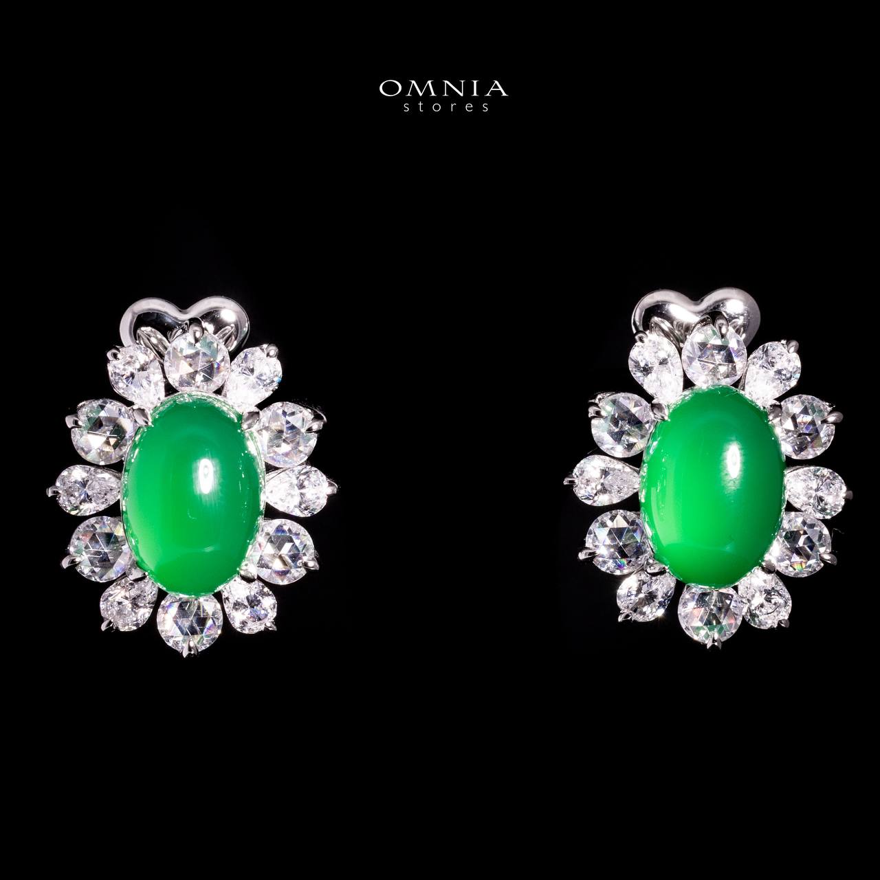 Omnia Dina White and Green Floral Stud Earrings In 925 Silver With High Quality Lab Crafted Stones