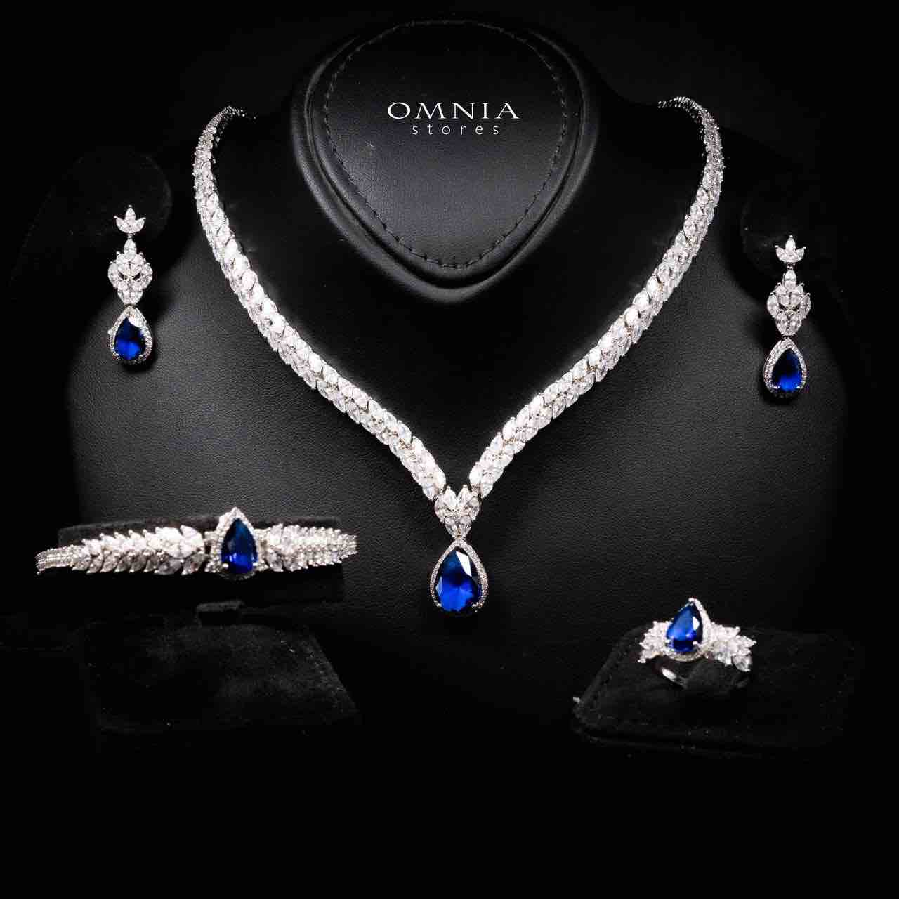 Omnia Aamira Teardrop-Design Bridal Navy Blue Full Set with High-Quality Zircon Stones in Rhodium-Plated Finish