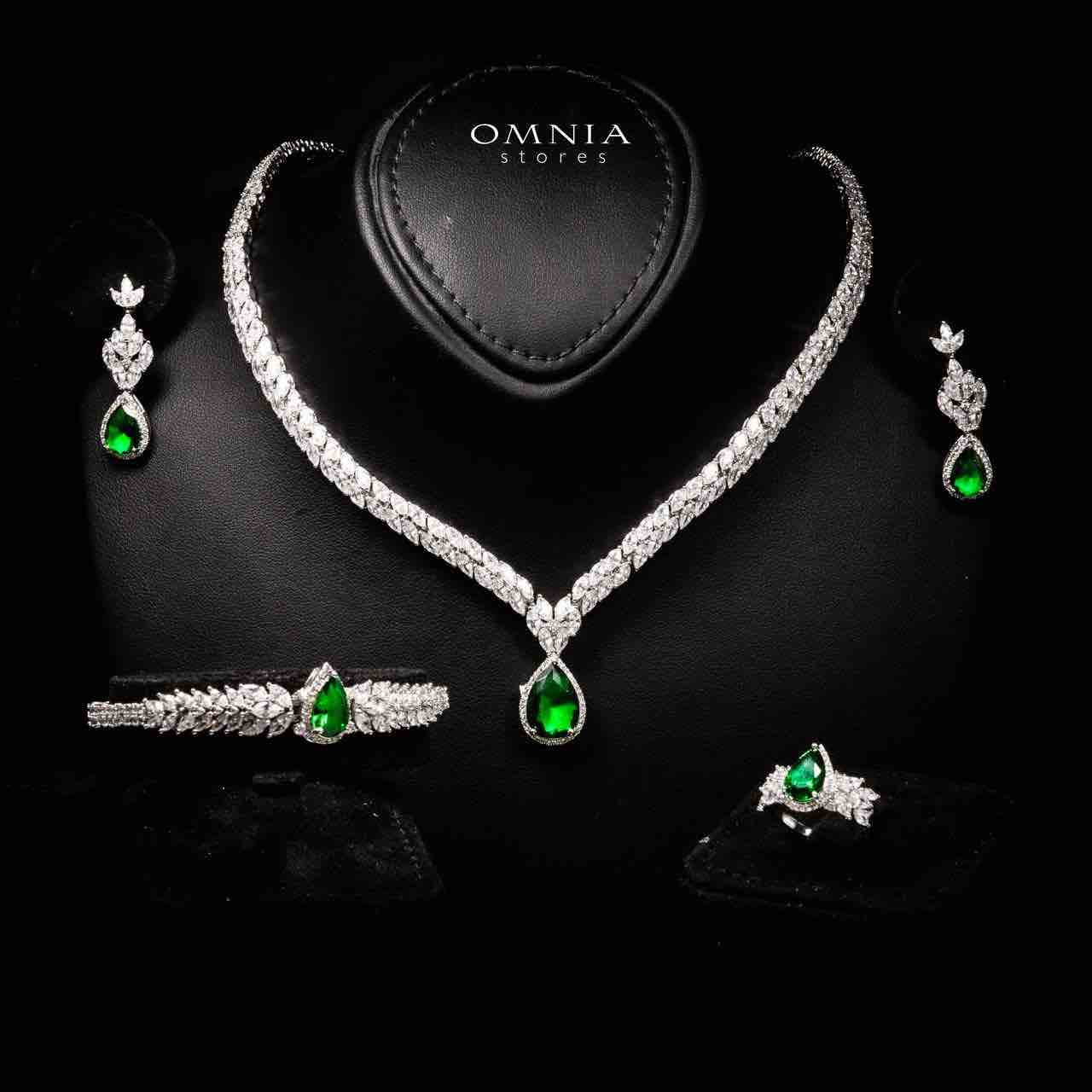 Omnia Aamira Teardrop-Design Bridal Crystal Emerald Green Full Set with High-Quality Zircon Stones in Rhodium-Plated Finish