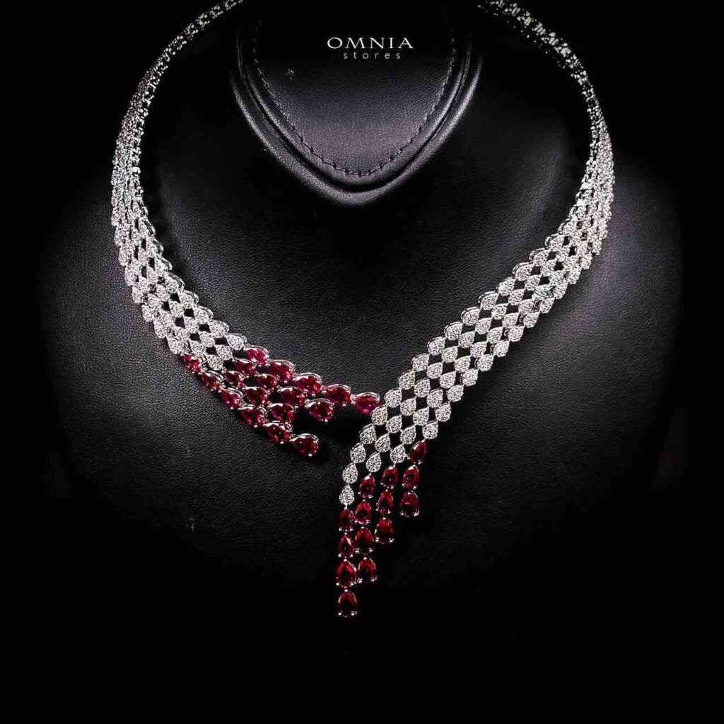 Omnia Amrah Luxury Bridal Red Full Set in High Quality Zircon Stone Rhodium Plated - OMNIASTORES KSA