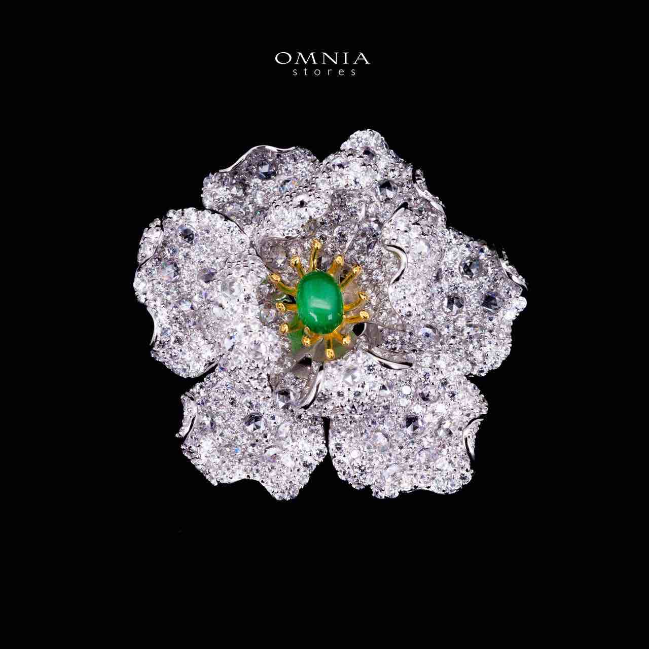Omnia Riyana Green and Gold Flower Brooch  in 925 Silver High Quality Simulated Diamond Stones - OMNIASTORES KSA