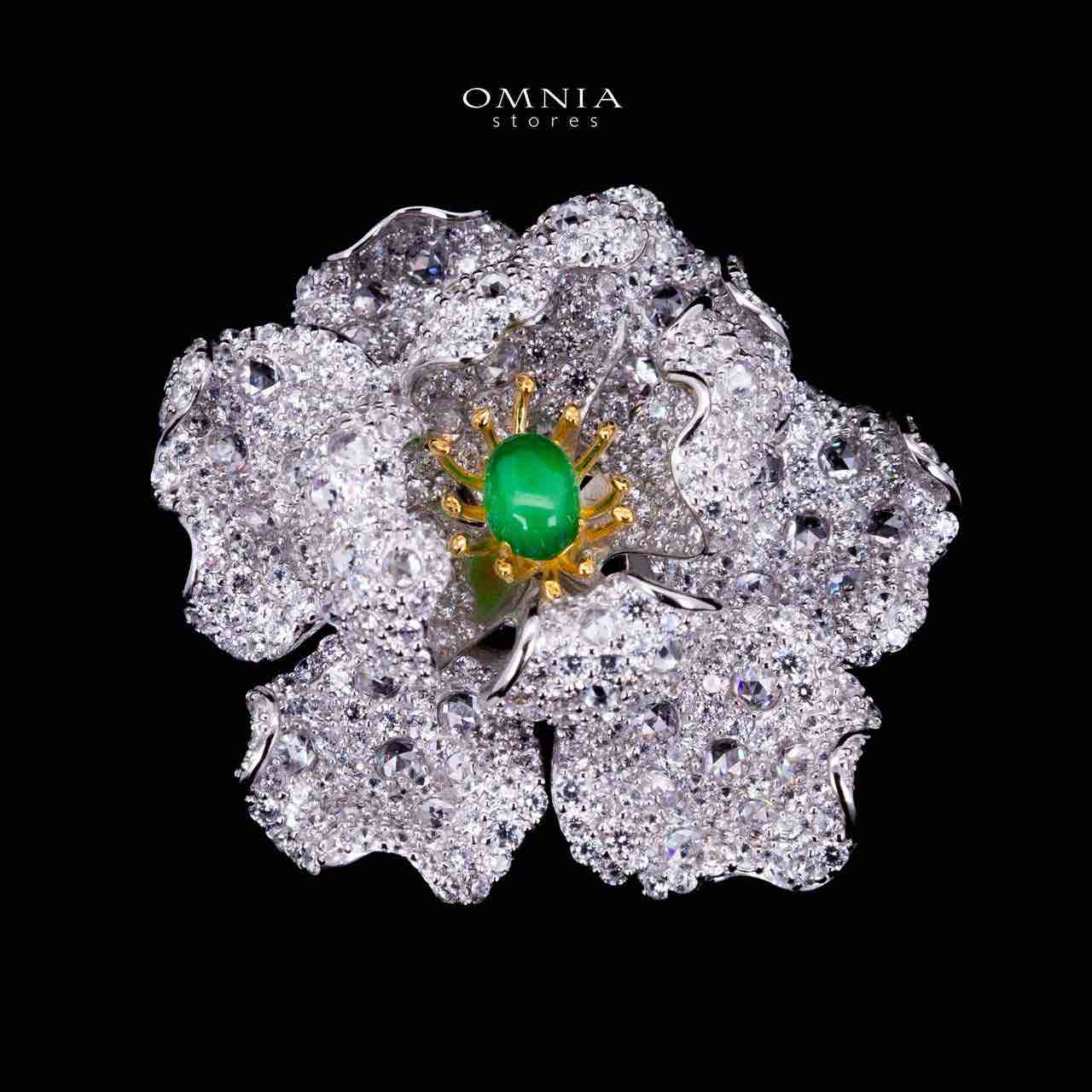 Omnia Riyana Green and Gold Flower Brooch  in 925 Silver High Quality Simulated Diamond Stones - OMNIASTORES KSA