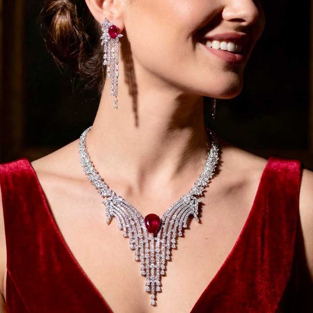 Omnia Abir Maroon Bridal Necklace & Earrings Set in 925 Silver with Pear and Marquise-Cut High-Quality Simulated Diamonds - OMNIASTORES KSA