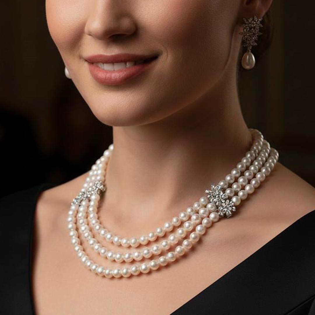 Omnia Katayoun Fresh Real Water Pearl Necklace and Earrings Set in 925 Silver Accessories With High Quality Simulated Diamonds - OMNIASTORES KSA