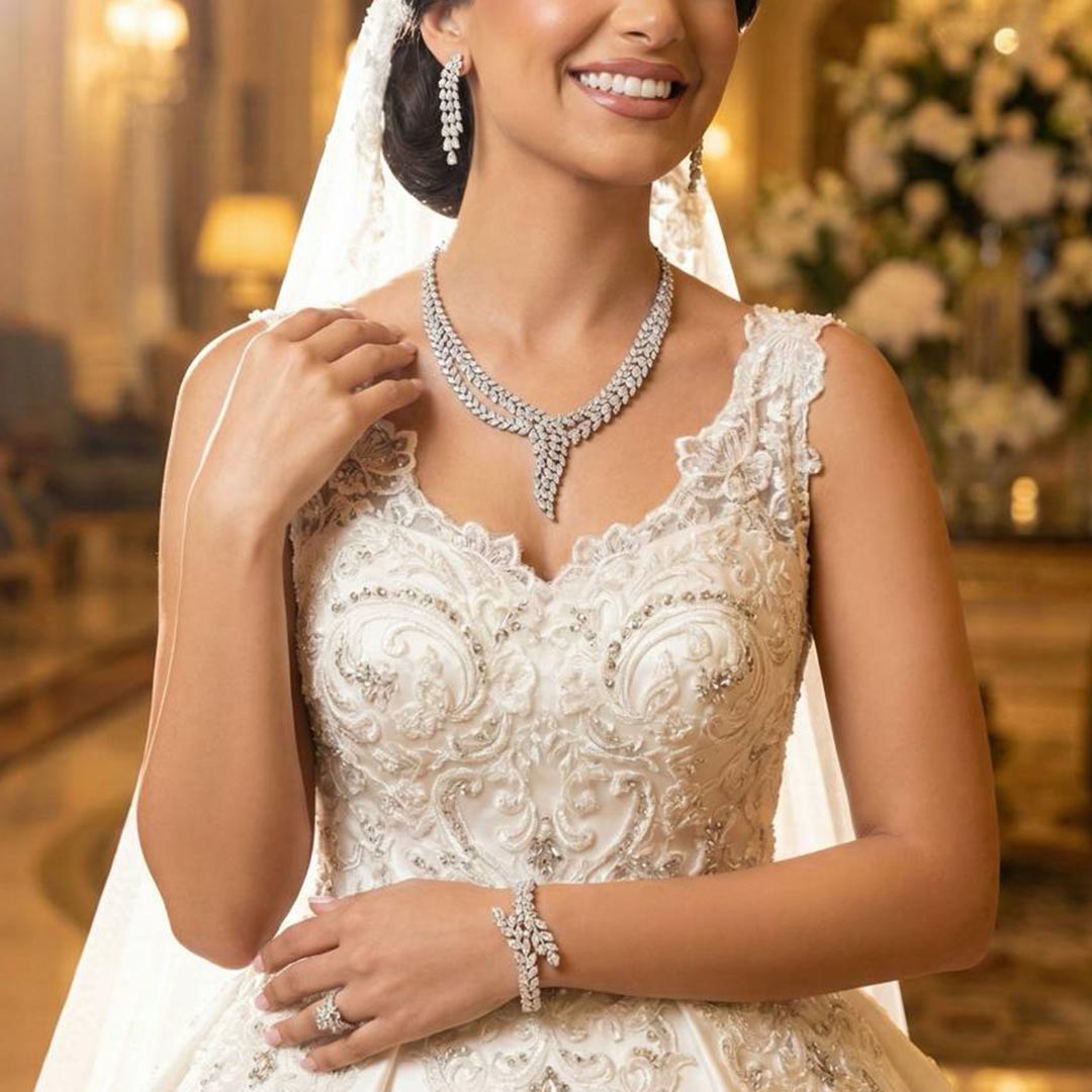 Omnia Yasira Leaf-Design White Luxury Bridal Full Set in High Quality Zircon Stone Rhodium Plated - OMNIASTORES KSA