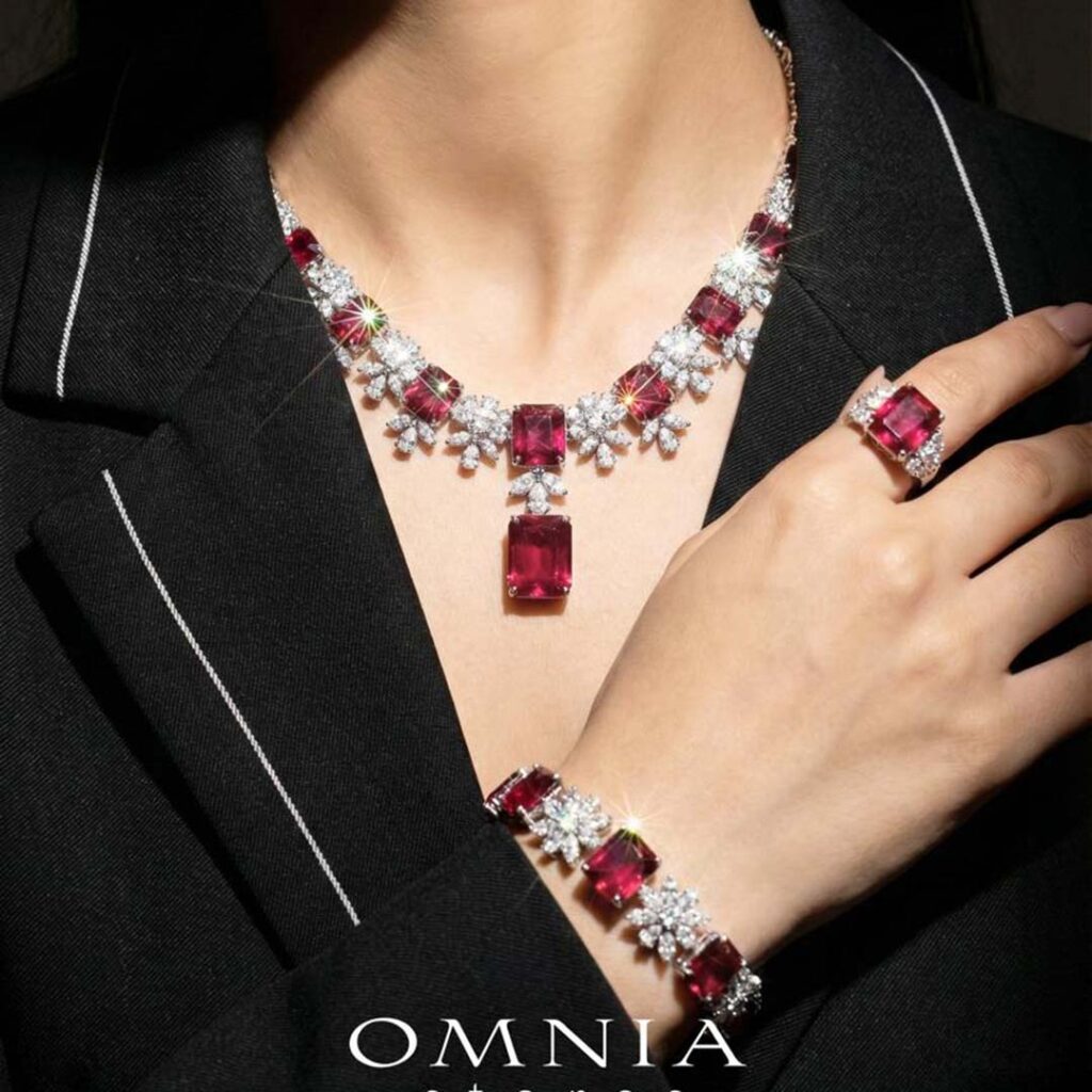 Omnia Charlene Red Bridal Full Set with Radiant and Pear-Cut High Quality Simulated Diamonds Premium Rhodium Plated - OMNIASTORES UAE