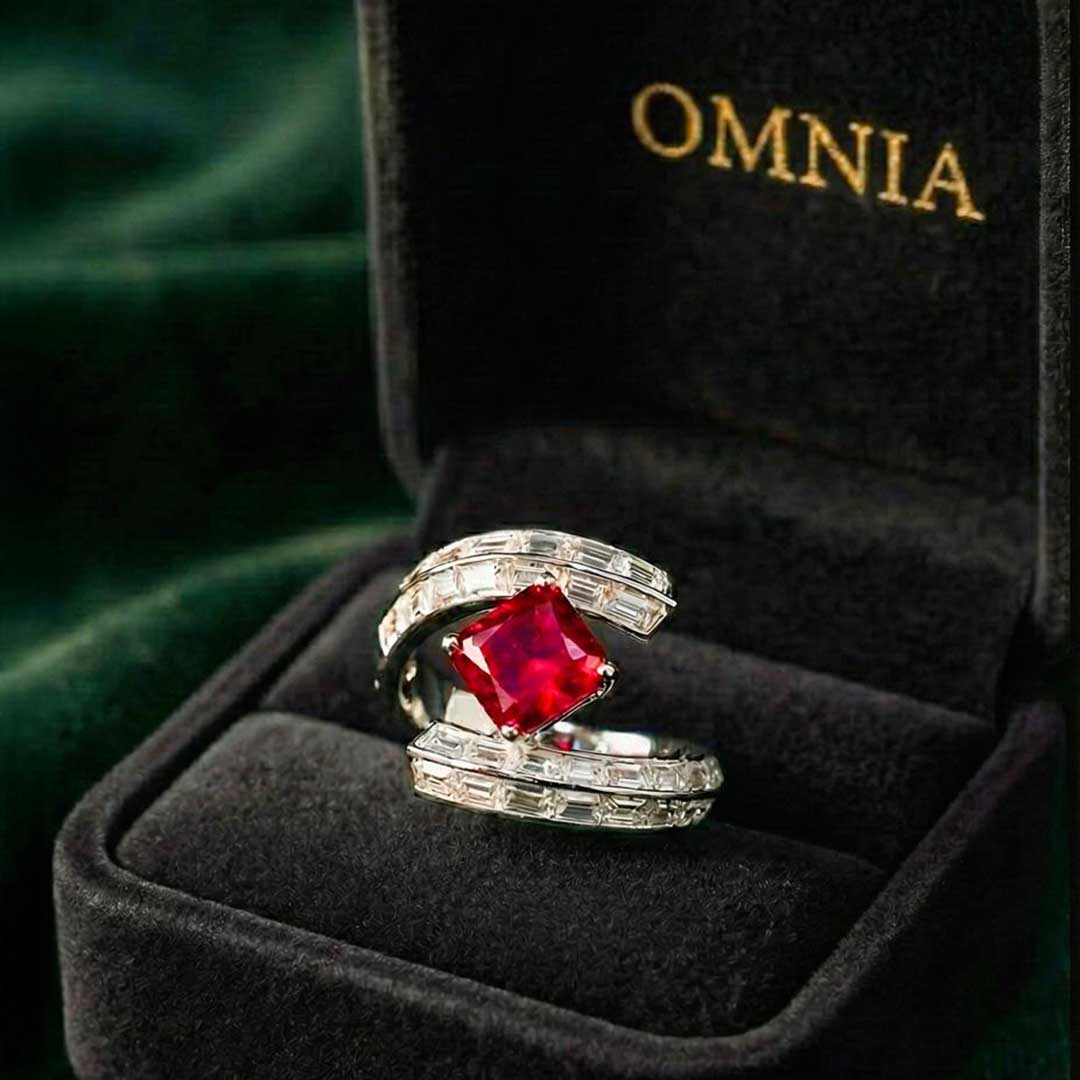 Omnia Tazeen White Red Ring With High Quality Certified Lab Crafted Stones In 925 Silver