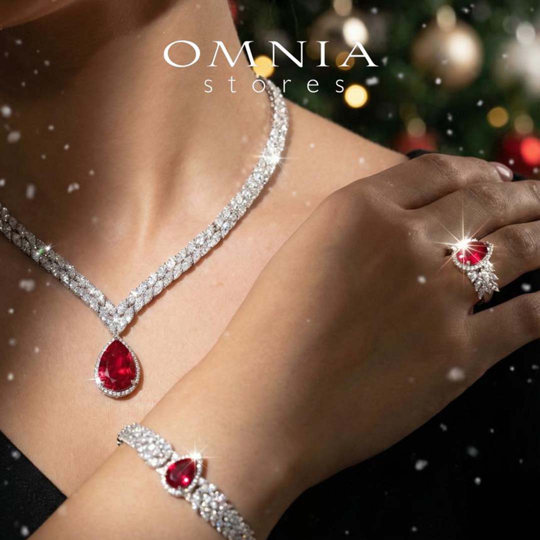 Omnia Aamira Teardrop-Design Bridal Red Full Set with High-Quality Zircon Stones in Rhodium-Plated Finish - OMNIASTORES KSA