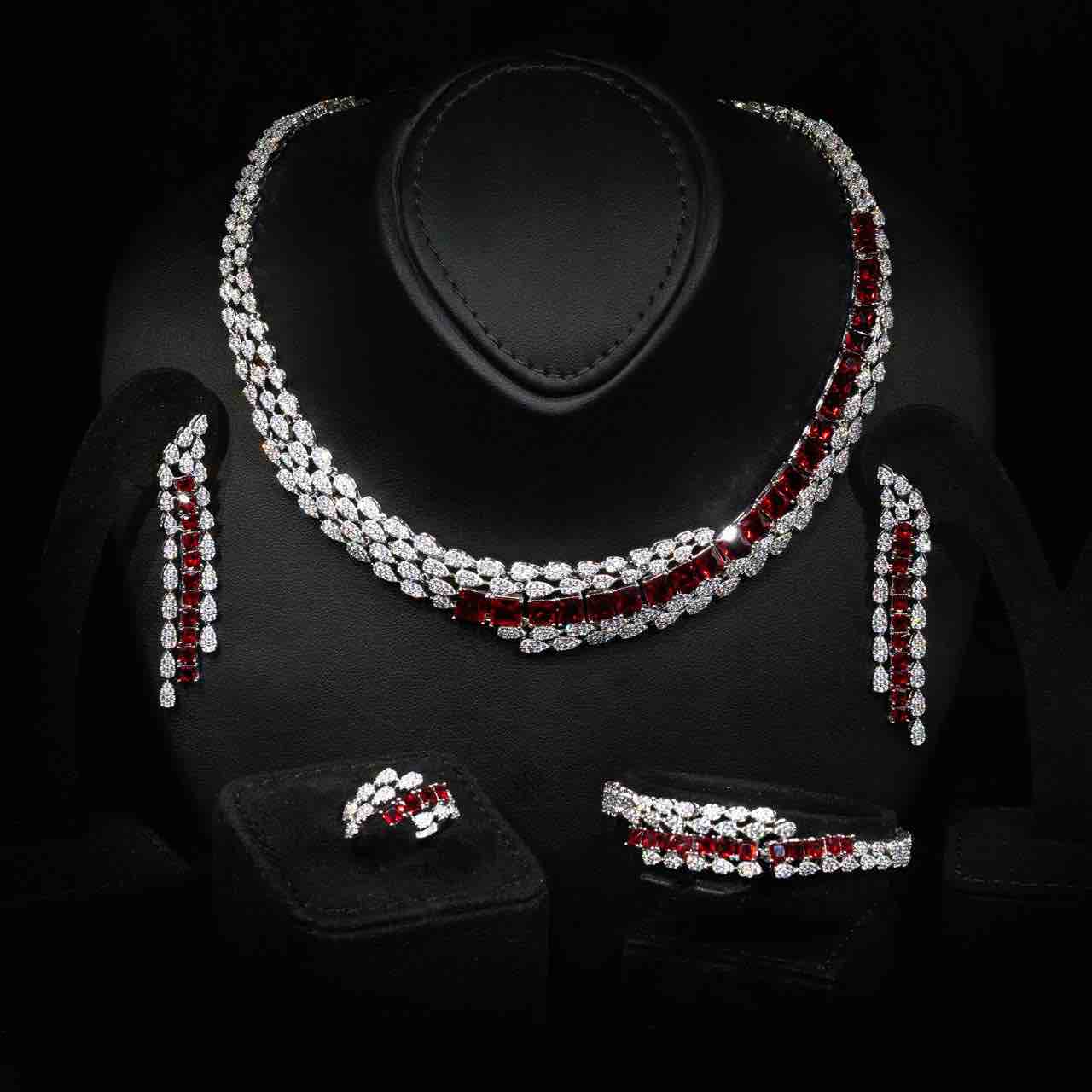 Omnia Trinity Red Luxury Bridal Full Set in High Quality Zircon Stone in Rhodium Plated - OMNIASTORES KSA
