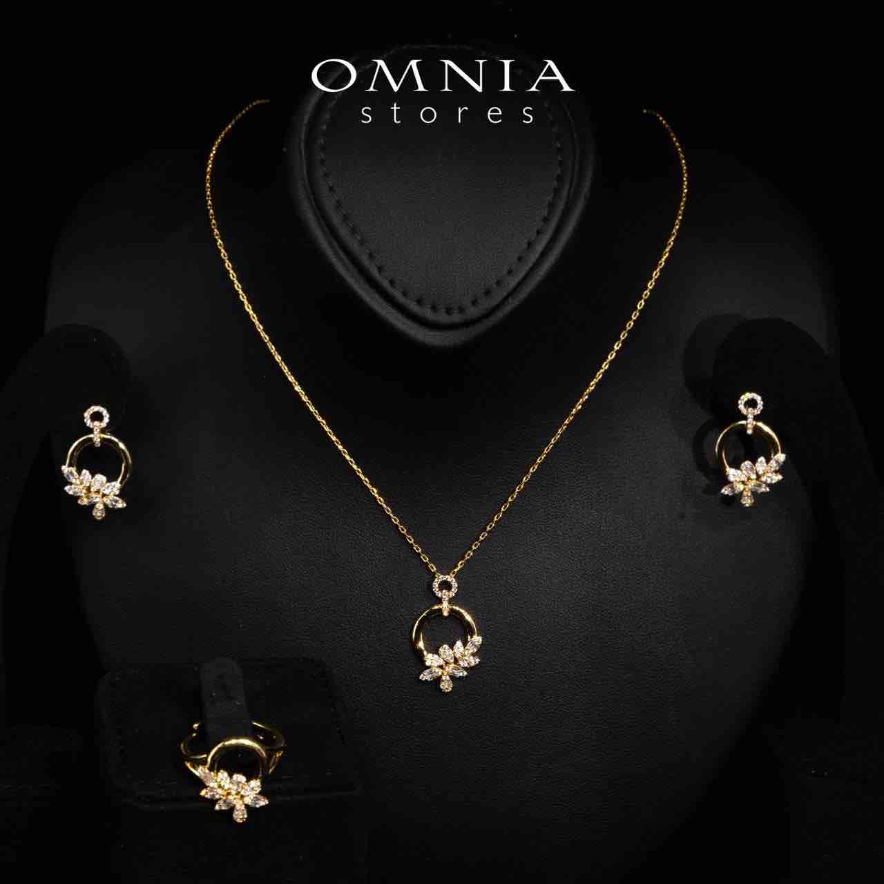 Omnia Ciara Gold Floral Necklace, Earrings and Ring Set in High Quality Rhodium Plated Zircon Stones