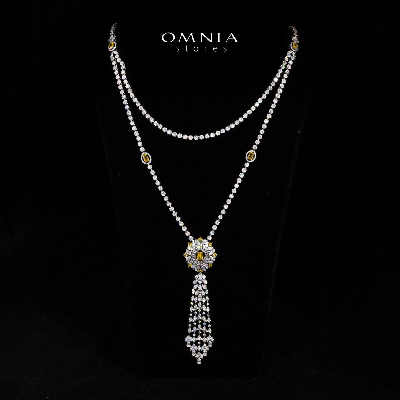 Omnia Ola Dark Yellow Bridal Long chain Set Accessories in High Quality Zircon Stone Rhodium Plated
