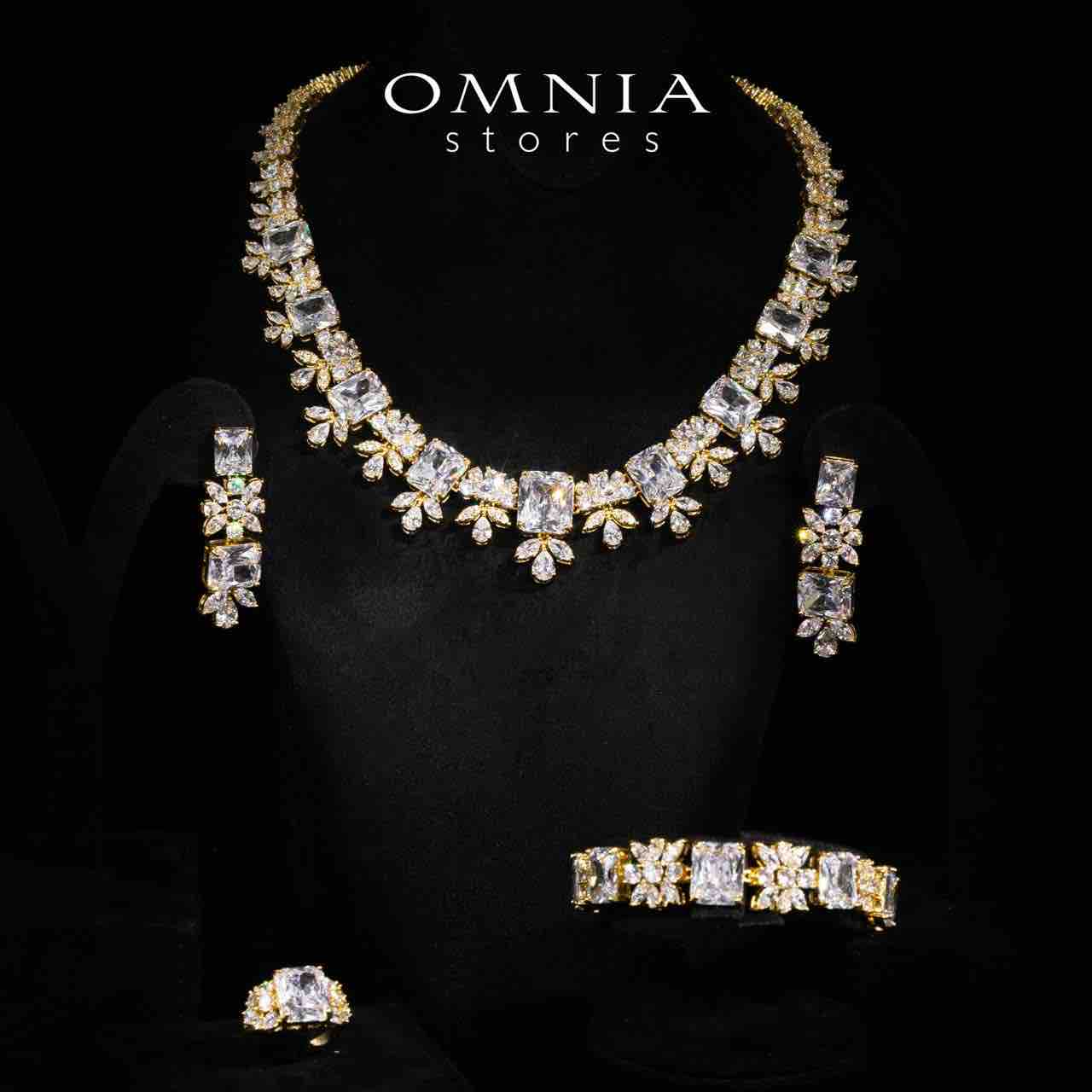 Omnia Charlotte Gold Luxry Bridal Full Set with Emerald and Pear-Cut High-Quality Simulated Diamonds Rhodium Plated - OMNIASTORES KSA