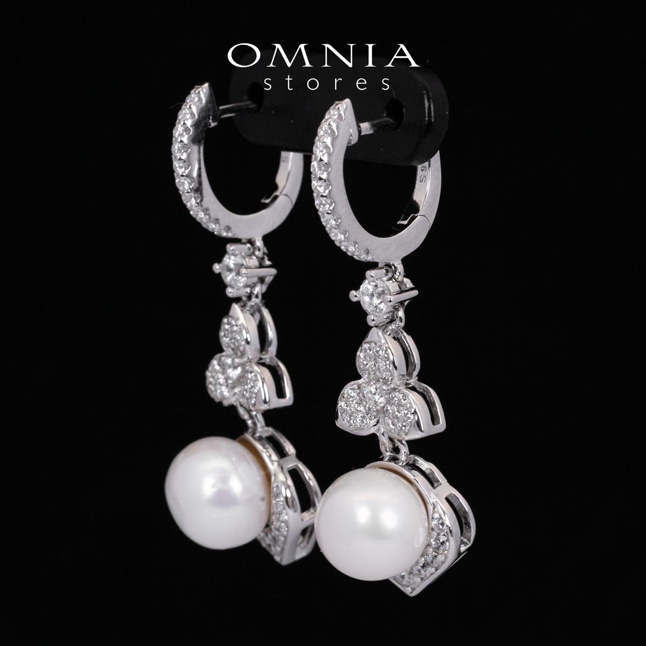 Omnia Ameena White Fresh Real Pearl Drop Earrings With High Quality Simulated Diamonds in 925 Silver - OMNIASTORES KSA