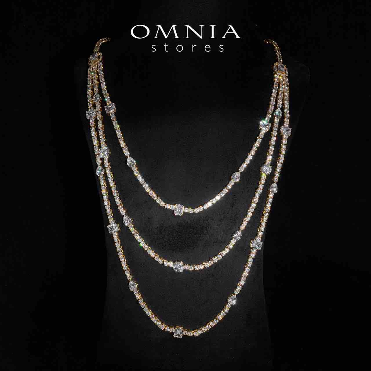 Omnia Layara Gold Long Chain Full Set with Triple-Layer Necklace in High-Quality Zircon Stone Rhodium Plated - OMNIASTORES KSA