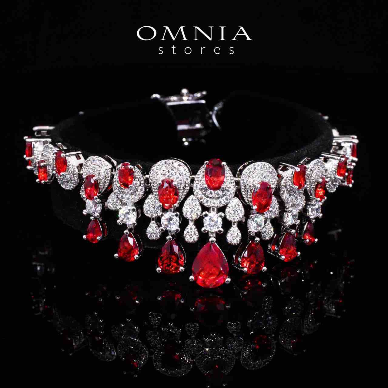 Aleya Red Luxury Bridal Full Long chain Set in High Quality Simulated Diamonds Rhodium Plated - OMNIASTORES KSA