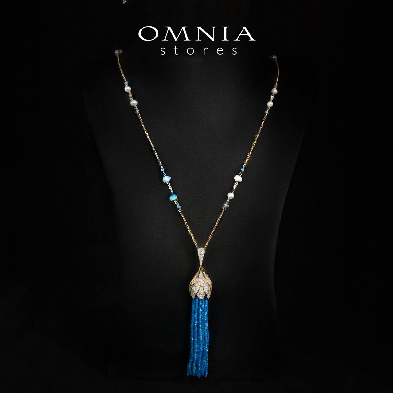 Omnia Kathy Sky Blue Beeds Golden Long Chain Necklace and Drop Earrings Set With High Quality Simulated Diamonds in 925 Silver - OMNIASTORES KSA