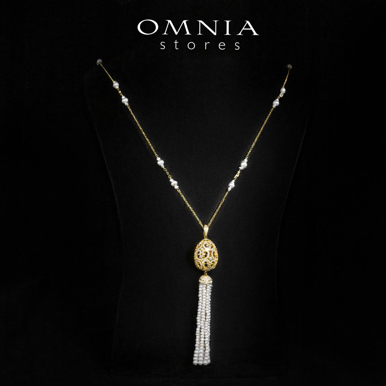 Kathy White Fresh Real Pearl Golden Long Chain Necklace and Drop Earrings Set With High Quality Simulated Diamonds in 925 Silver - OMNIASTORES KSA