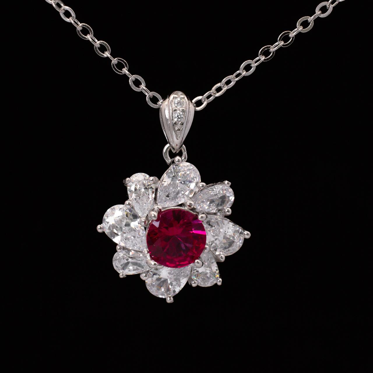 Gwen Floral Red and White Pendant Necklace With High Quality Simulated Diamonds in 925 Silver
