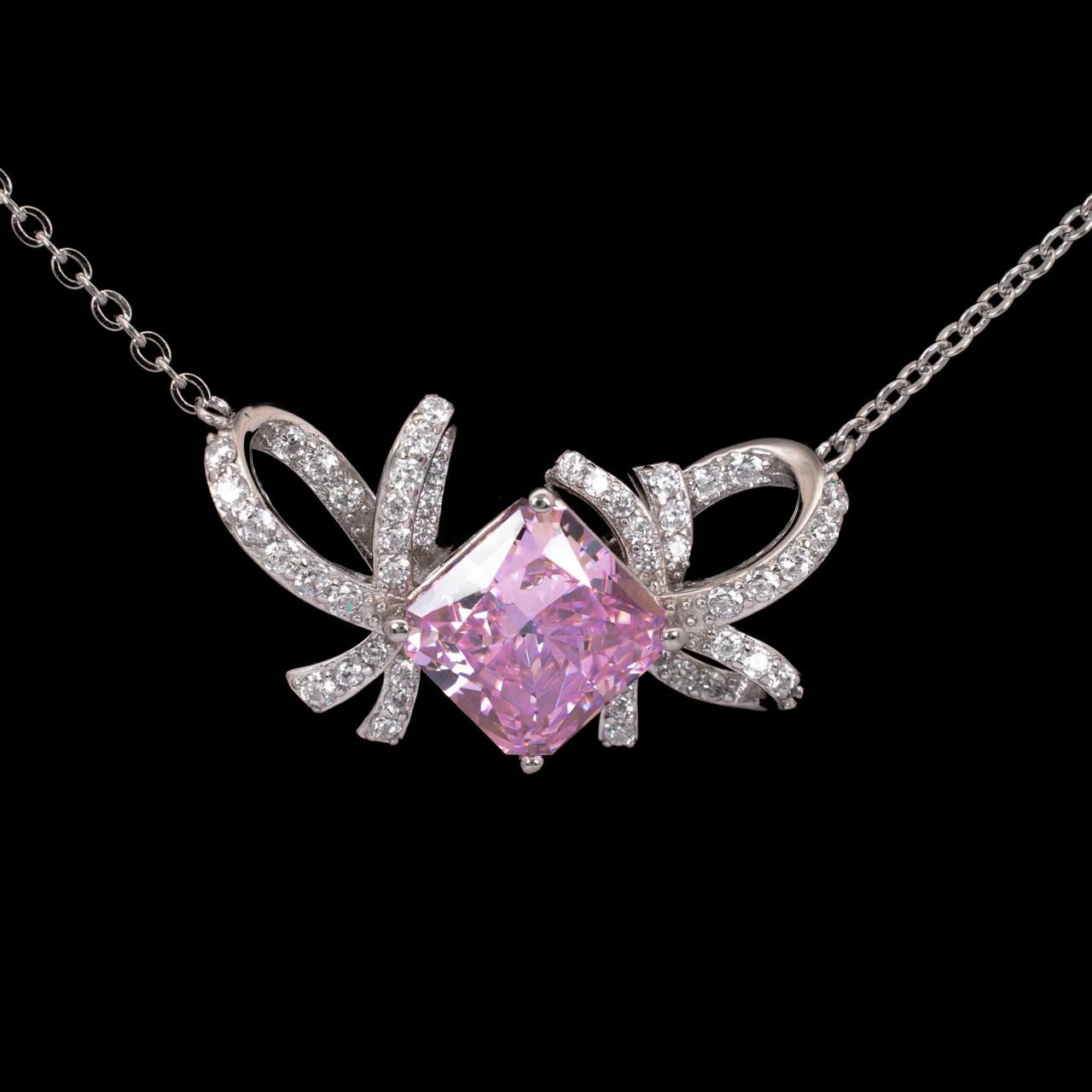 Megan Ribbon Pink Drop Pendant Necklace With High Quality Simulated Diamonds in 925 Silver