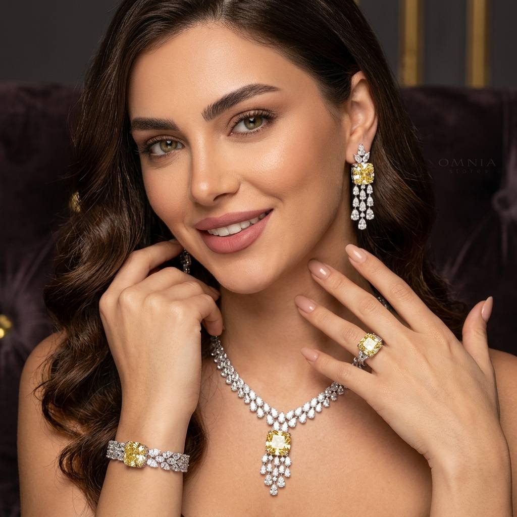 Omnia Nazaha Bridal Full Set in Rhodium Plated with High Quality White and Yellow Zircon Stones - OMNIASTORES KSA