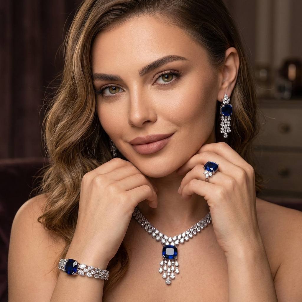 Nazaha Bridal Full Set in Rhodium Plated with High Quality White and Blue Zircon Stones(Size 16 only available in ksa) - OMNIASTORES KSA