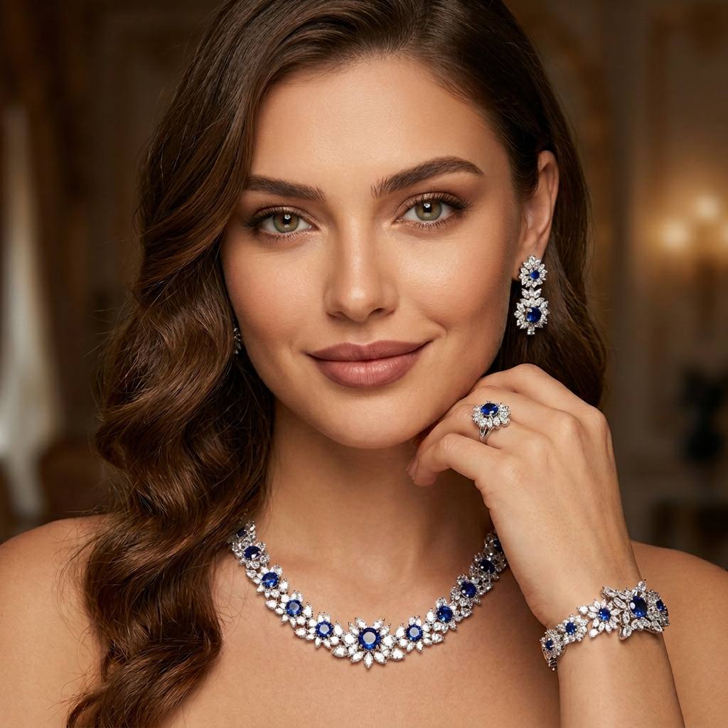 Nareen Blue Luxury Bridal Full Set in High Quality Zircon Stone Rhodium Plated - OMNIASTORES KSA