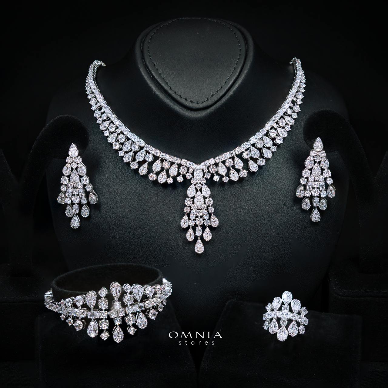 Omnia Minerva Luxury Bridal Full Set Accessories in High Quality Zircon Stone in Rhodium Plated