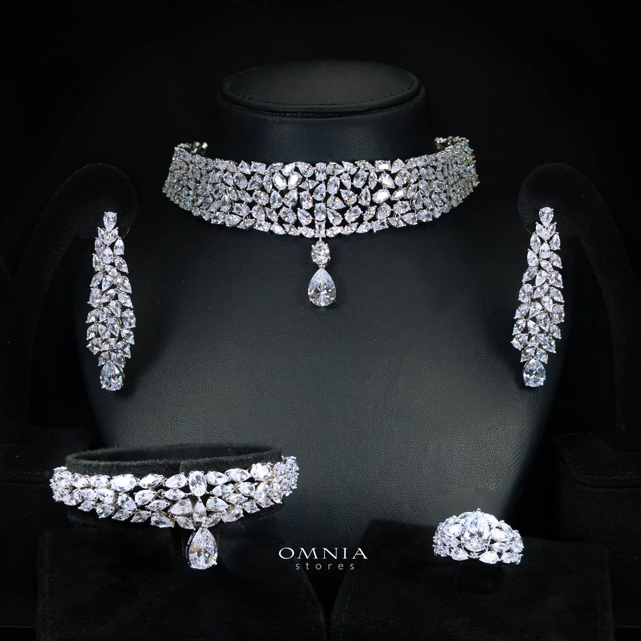 Omnia Nuray Luxury Bridal Full Set Accessories in High Quality Zircon Stone in Rhodium Plated - OMNIASTORES KSA