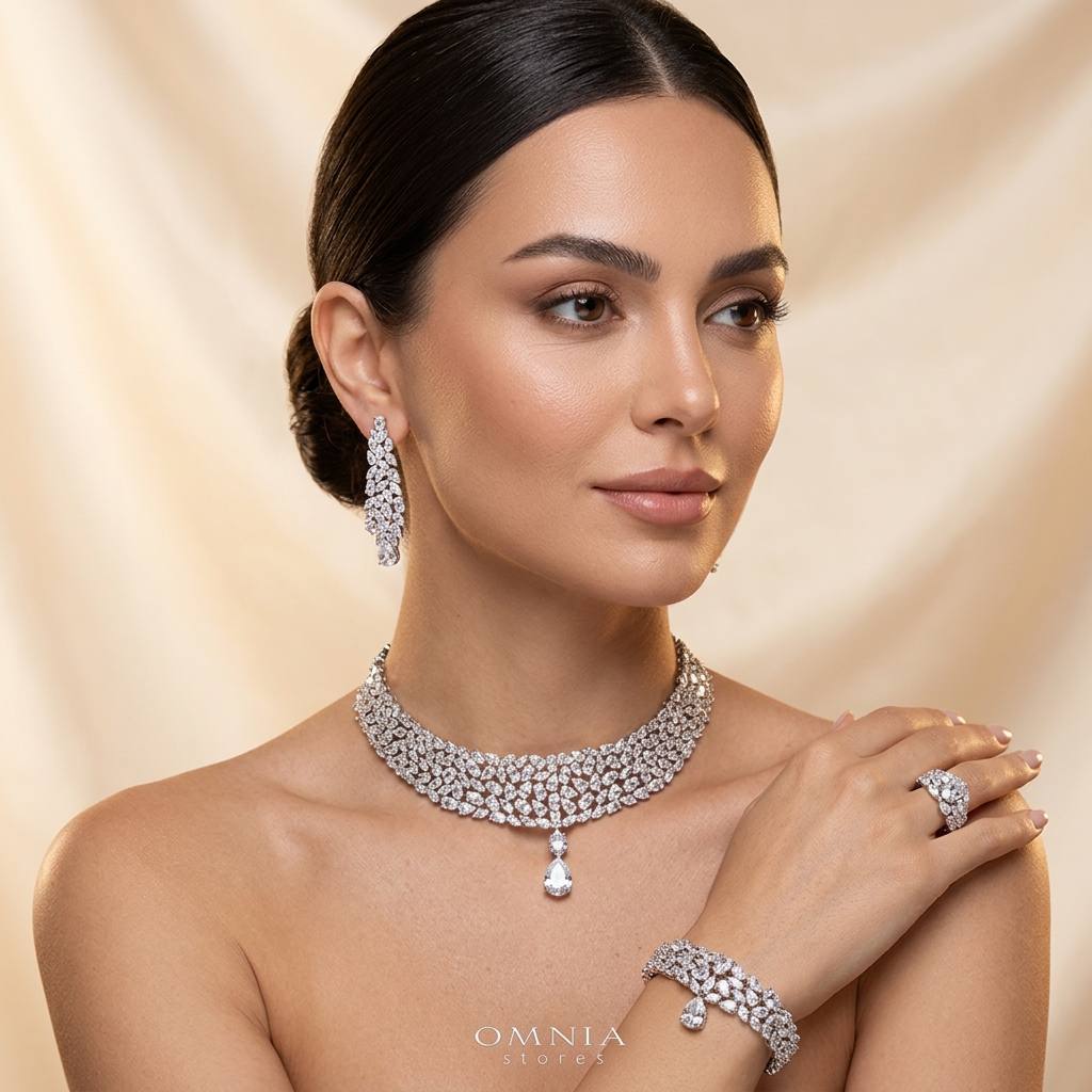 Omnia Nuray Luxury Bridal Full Set Accessories in High Quality Zircon Stone in Rhodium Plated - OMNIASTORES KSA