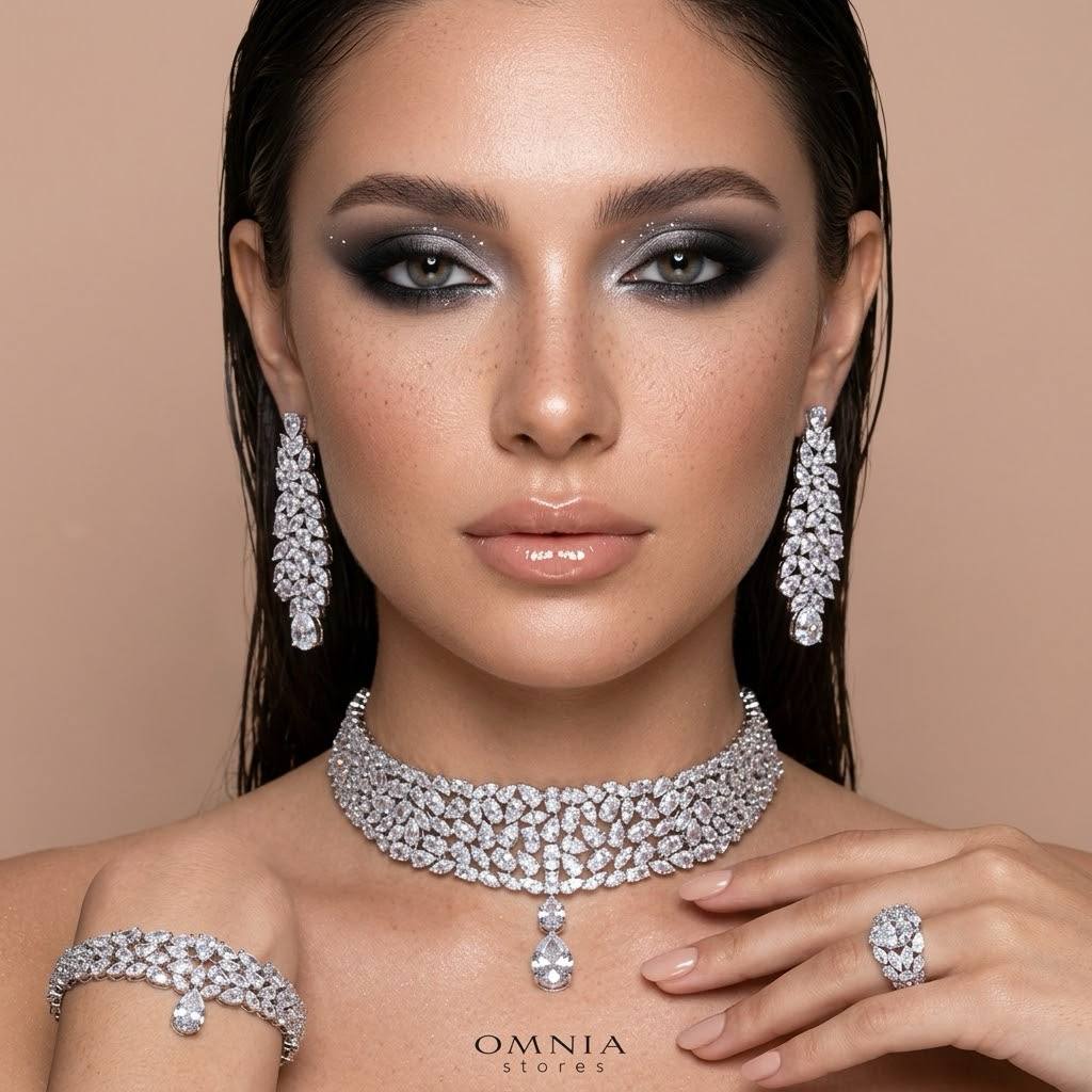 Omnia Nuray Luxury Bridal Full Set Accessories in High Quality Zircon Stone in Rhodium Plated - OMNIASTORES KSA