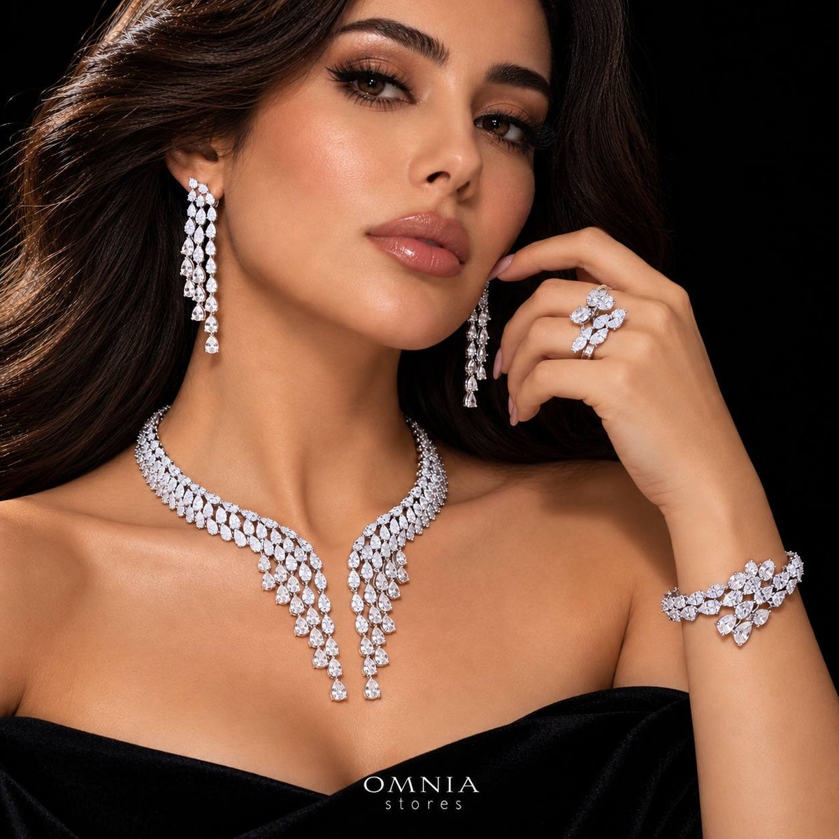 Omnia Senna Luxury Bridal White Full Set in High Quality Zircon Stone Premium Rhodium Plated