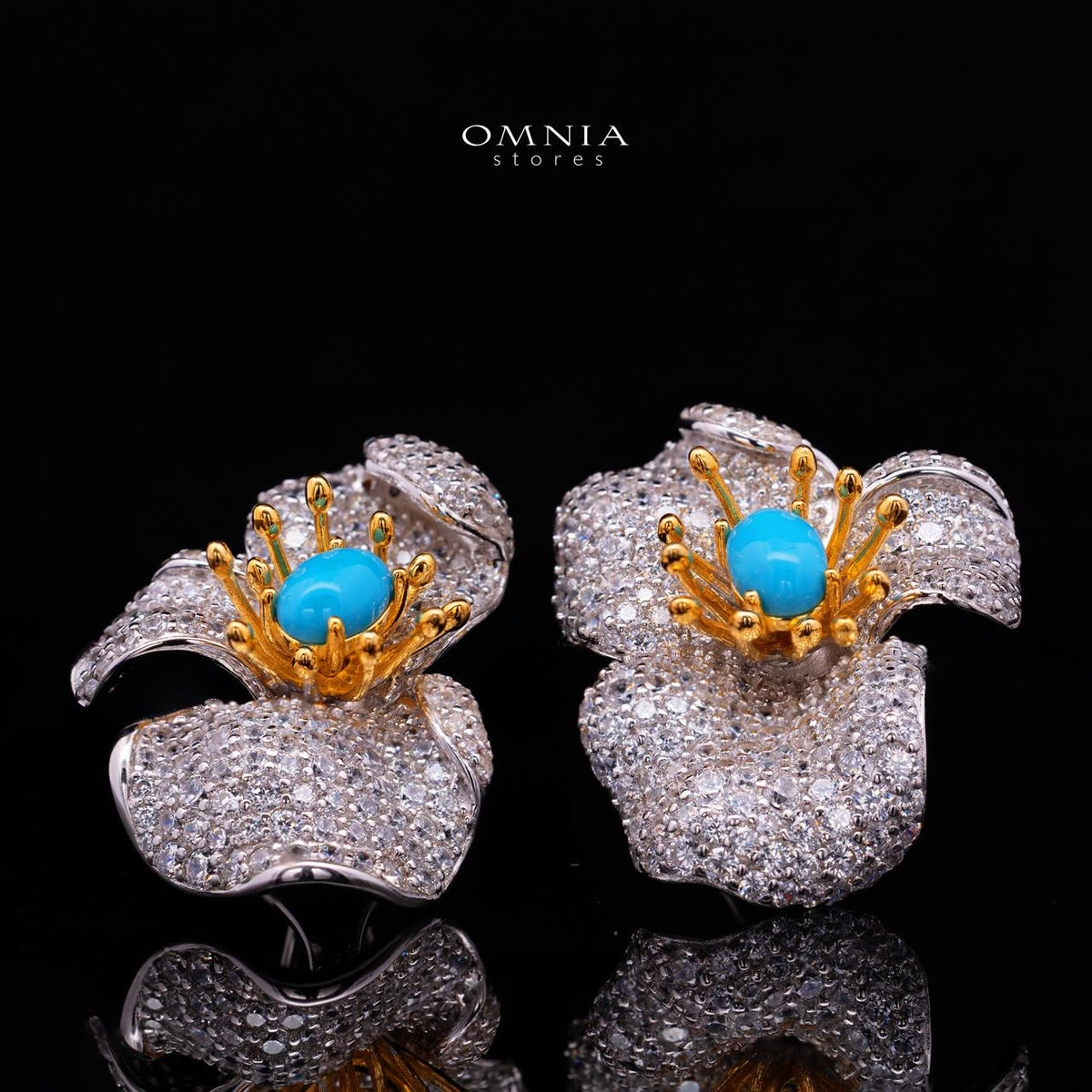 Omnia Shidha Turquoise Coral Flower Silver Drop Earrings in 925 Silver High Quality White Simulated Diamond Stones