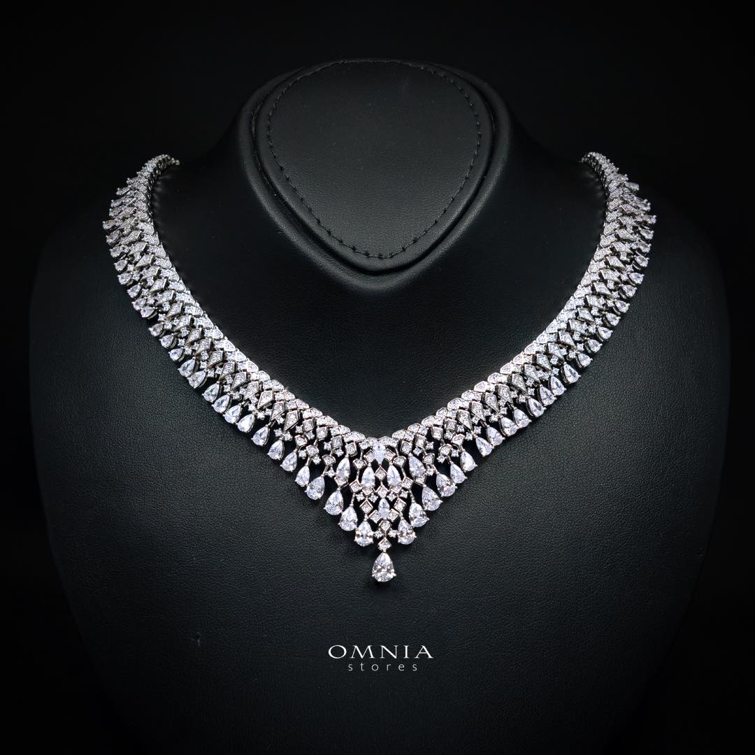 Omnia Melora White Luxury Bridal Full Set with Pear-Cut and Baguette Zircon in Cascading Design in High-Quality Rhodium Plated - OMNIASTORES KSA