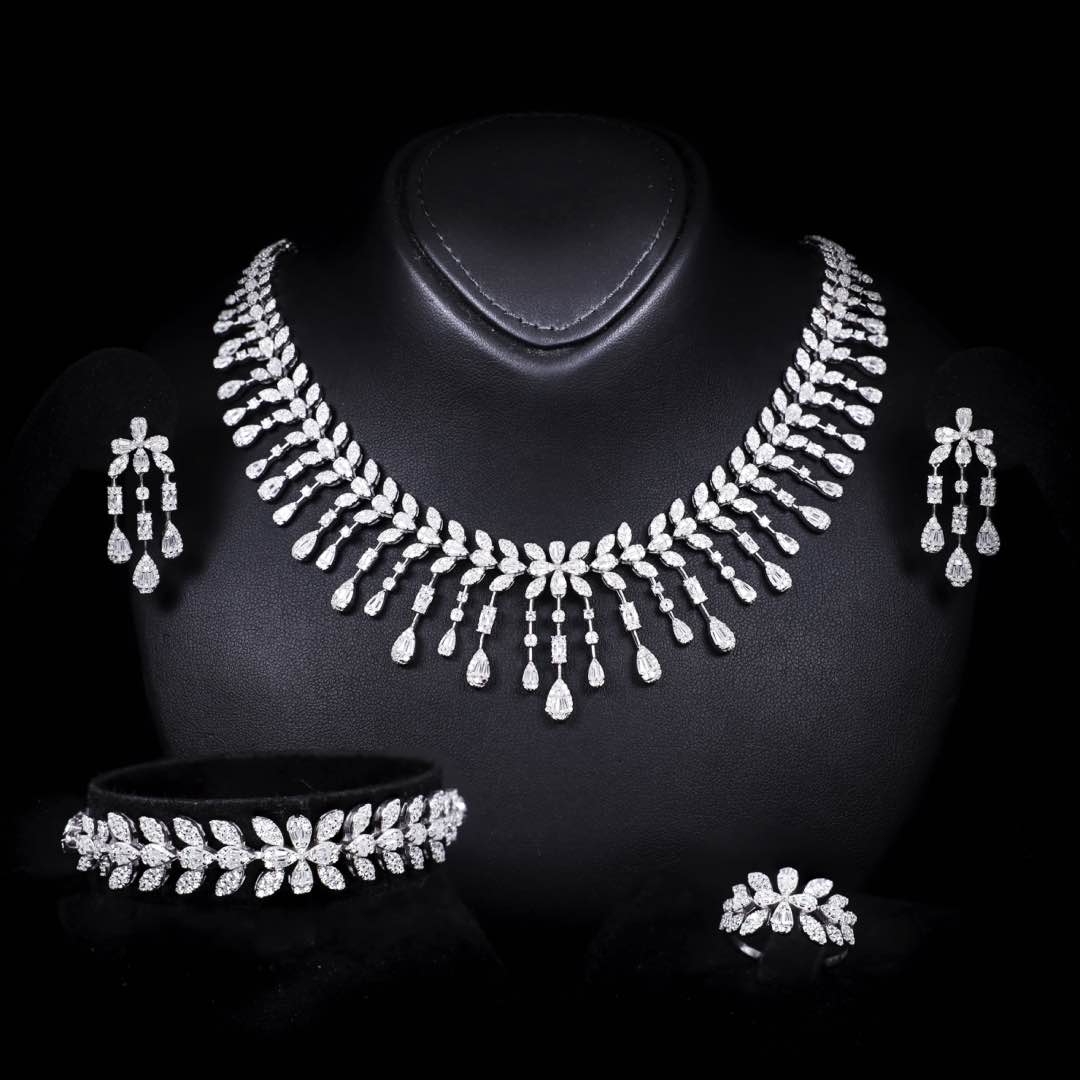 Omnia Fawziya White Bridal Full Set in 925 Silver High Quality Simulated Diamonds - OMNIASTORES KSA