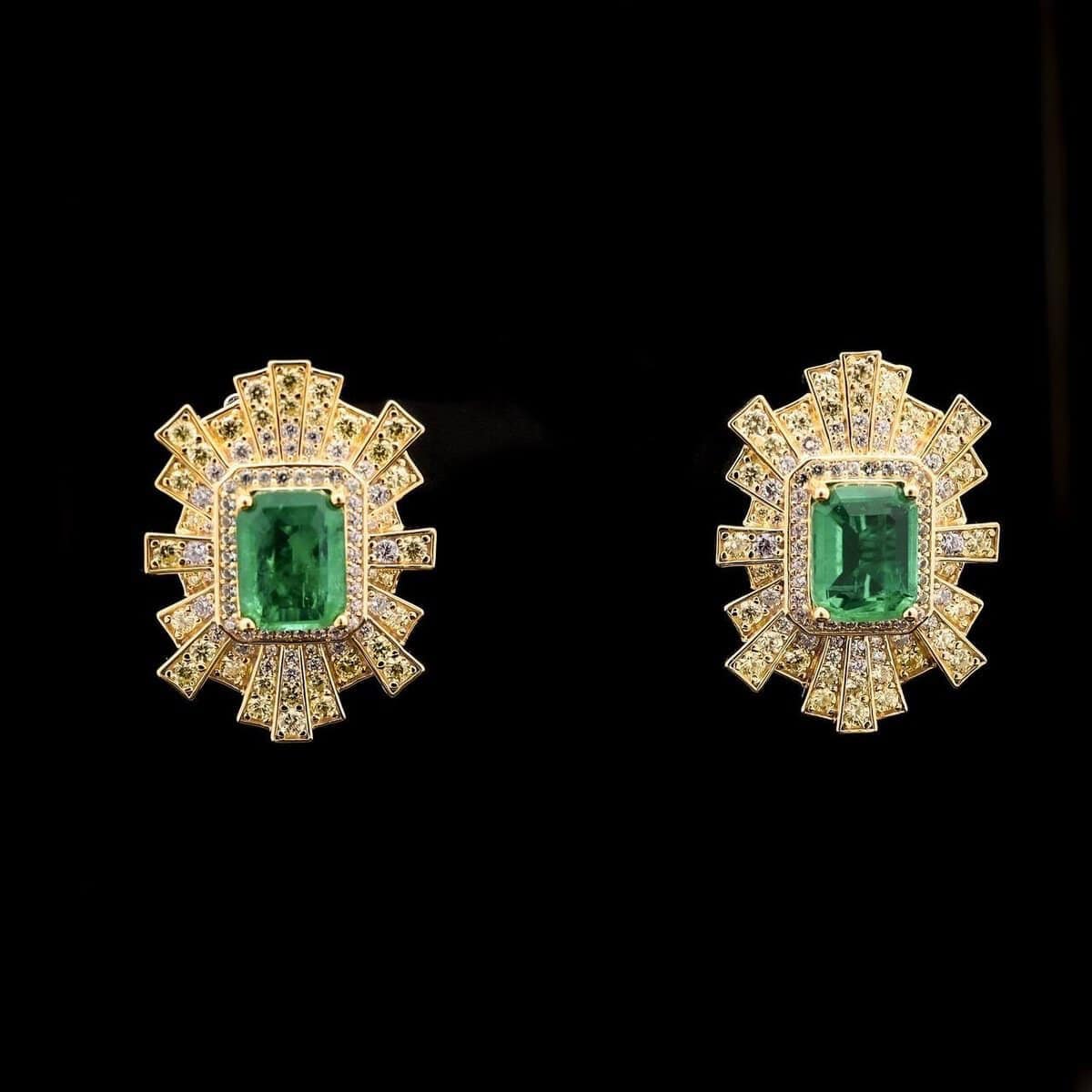 Omnia Nadine Emerald Green Emerald Cut Sunburst Earrings in 92.5 Silver with High-Quality Simulated Diamonds - OMNIASTORES UAE